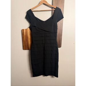 White House Black Market Black Tiered Cap‎ Sleeve Stretch Bandage Dress Size 10